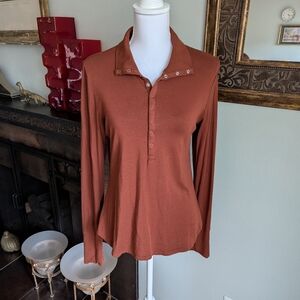 UpWest Wmns Large Collared Henley Snap Button Jersey Knit Top Chocolate Brown 56